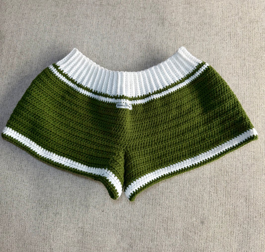 Olive Green & Cream Crochet Shorts