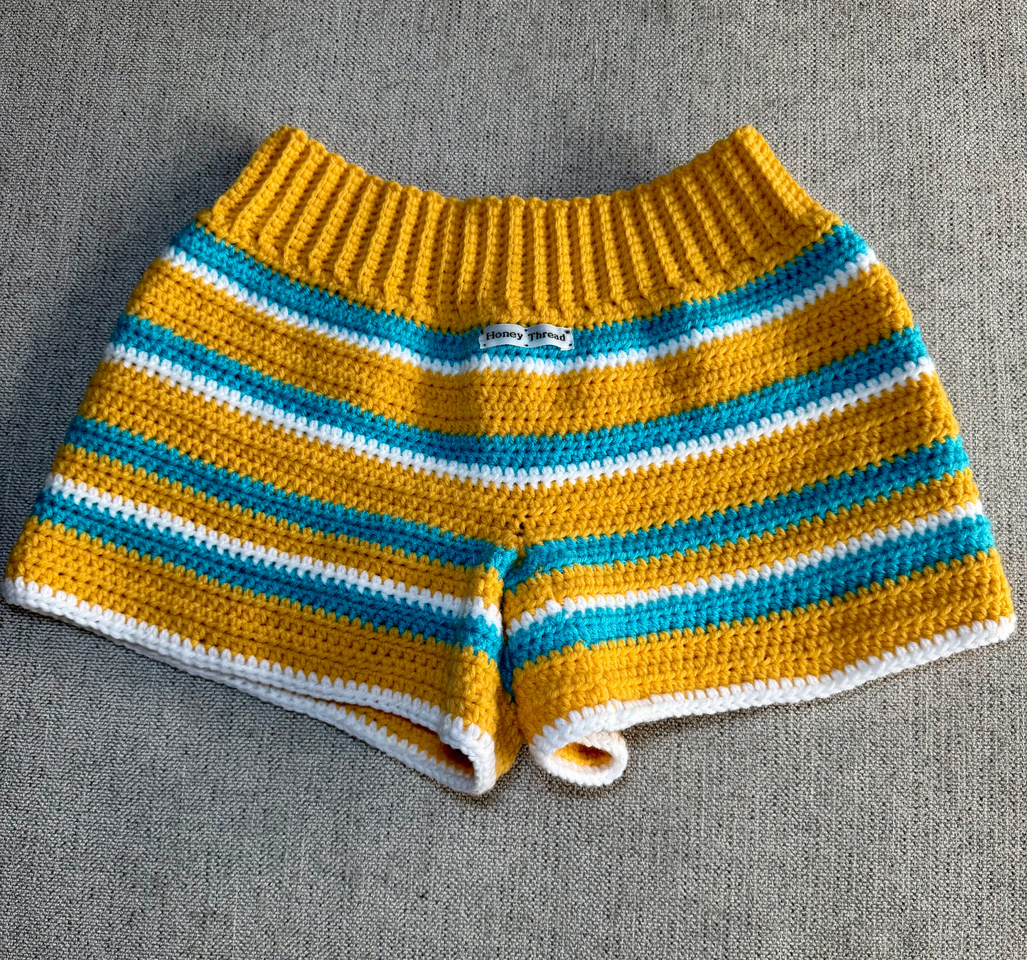 Gold, Blue and White Striped Crochet Shorts